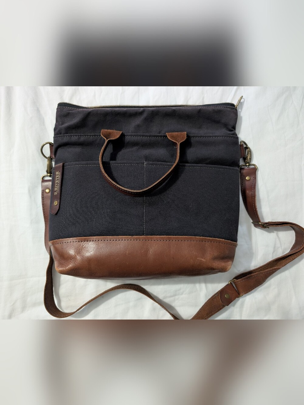 R. Riveter Otto Tote Bag Black Canvas with Brown Leather Base and Strap